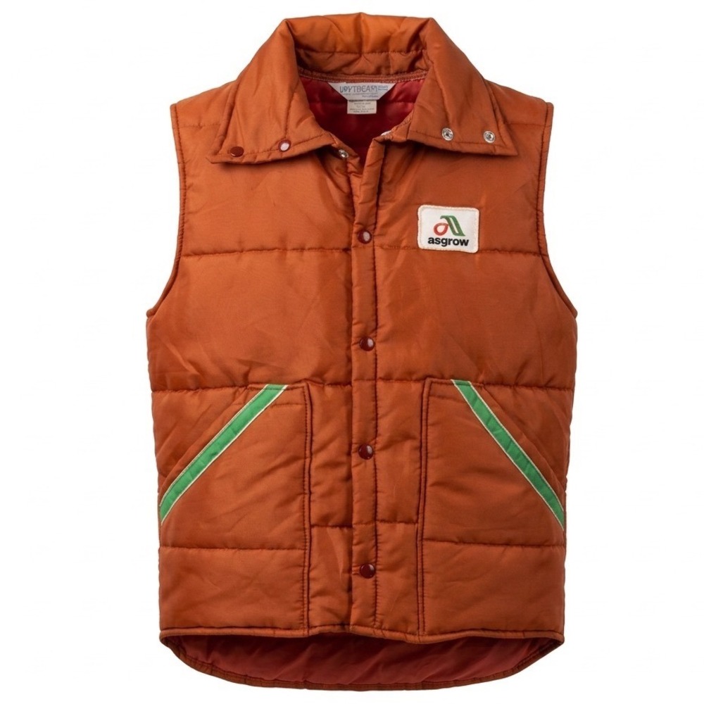Vintage Upstream Asgrow Puffer Vest Mens Medium Orange Snaps Made in USA 40